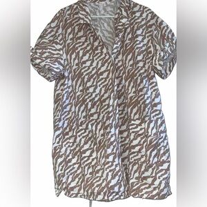 Anthropologie Amadi Zebra Stripe Safari Mini Shirt Dress Brown/White Large